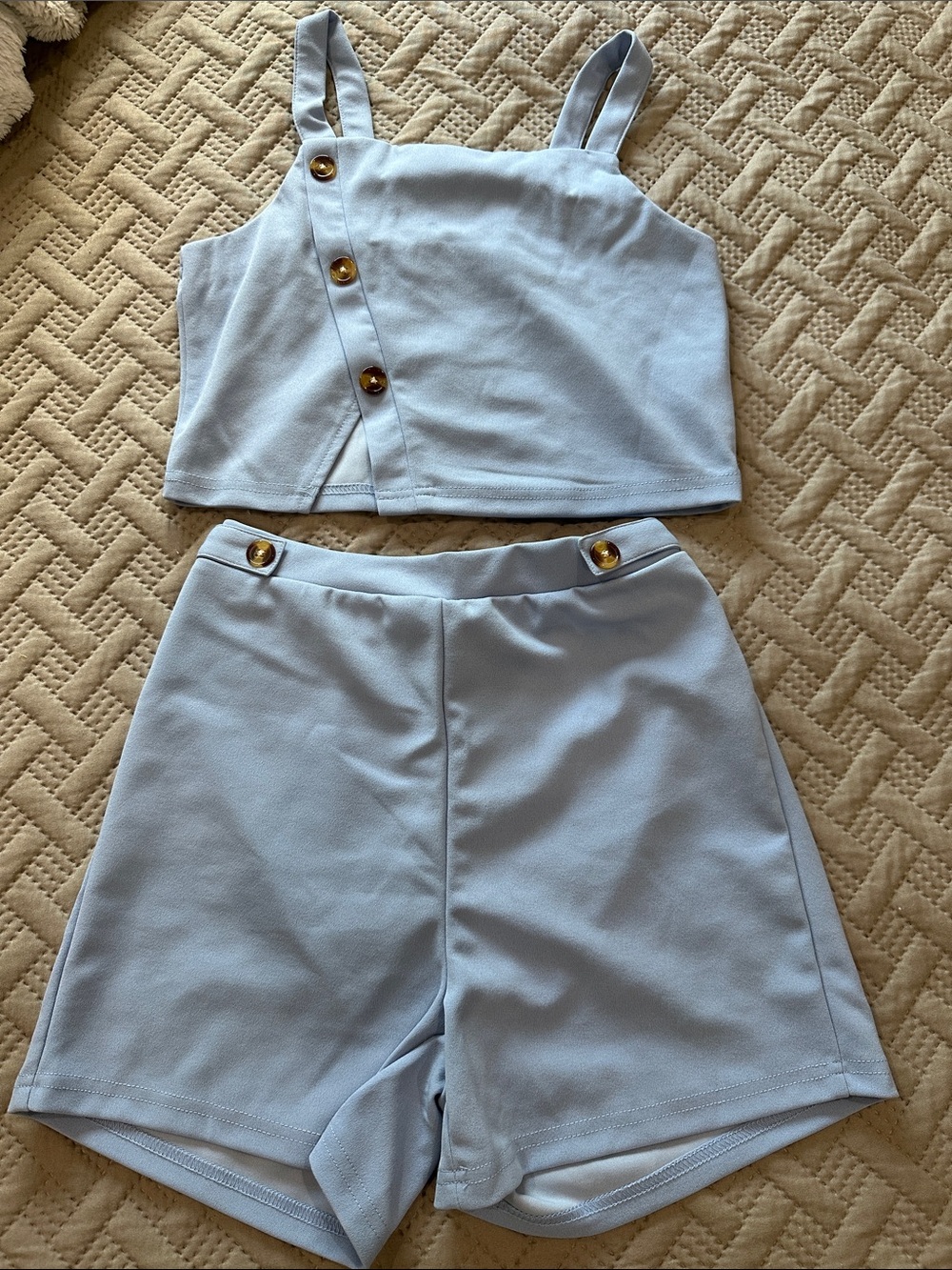 SHEIN Light Blue Girls' Button-Accent Matching Set